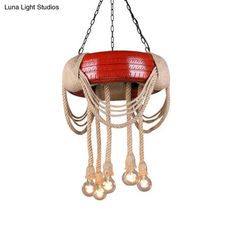 Rubber Warehouse 6-Head Tire Lamp With Hemp Rope - Red/Blue/Yellow Chandelier Pendant For Dining
