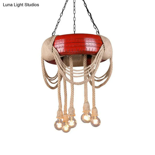 6-Head Tire Hanging Lamp Kit With Hemp Rope For Dining Room Chandelier