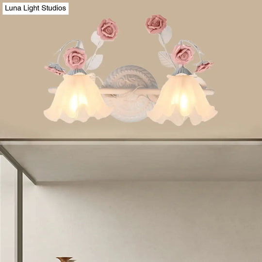 Ruffle Bathroom Wall Mount Light - American Flower Frosted Glass 2/3-Head Vanity Sconce Pink/Blue