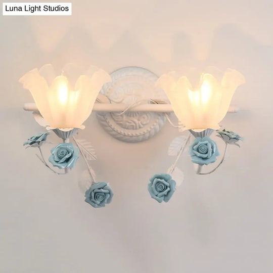 Ruffle Bathroom Wall Mount Light - American Flower Frosted Glass 2/3-Head Vanity Sconce Pink/Blue