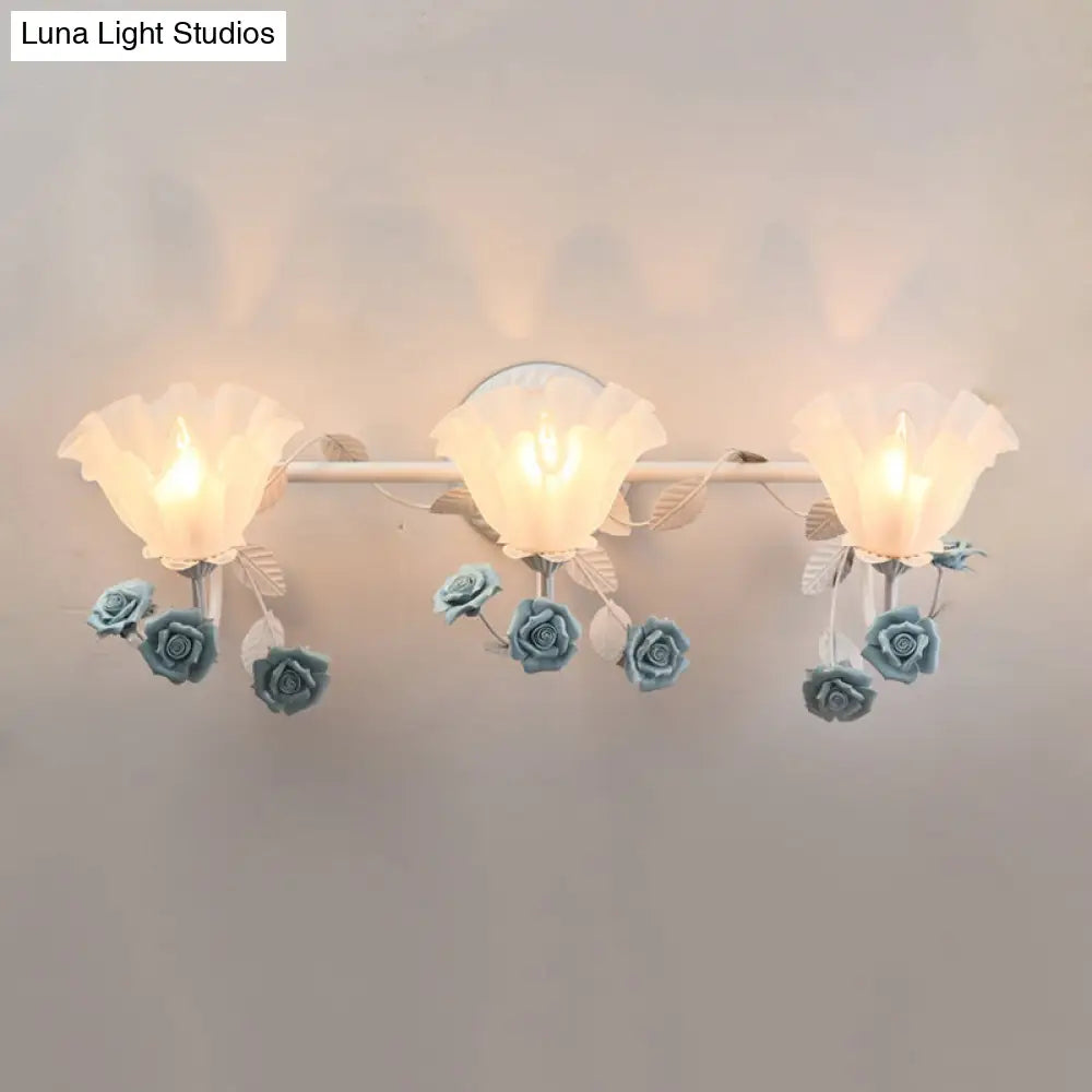 Ruffle Bathroom Wall Mount Light - American Flower Frosted Glass 2/3-Head Vanity Sconce Pink/Blue
