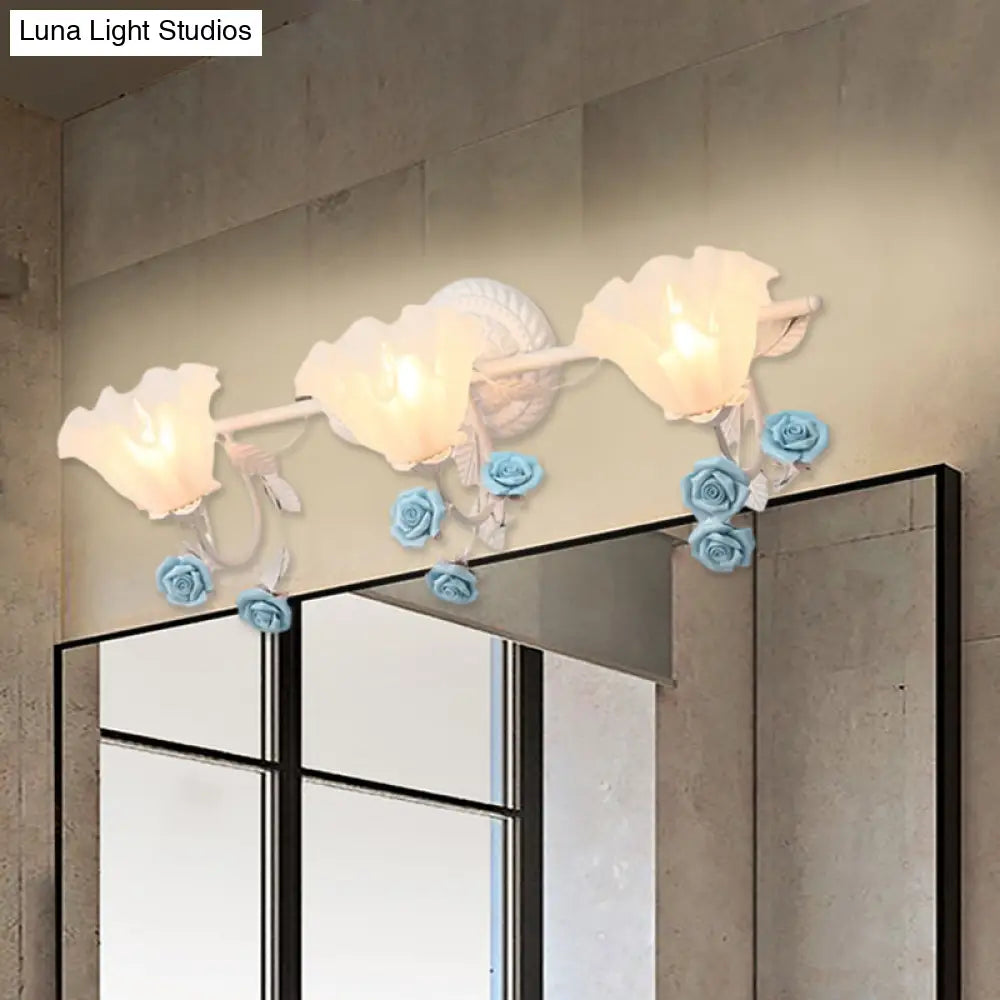 Ruffle Bathroom Wall Mount Light - American Flower Frosted Glass 2/3-Head Vanity Sconce Pink/Blue