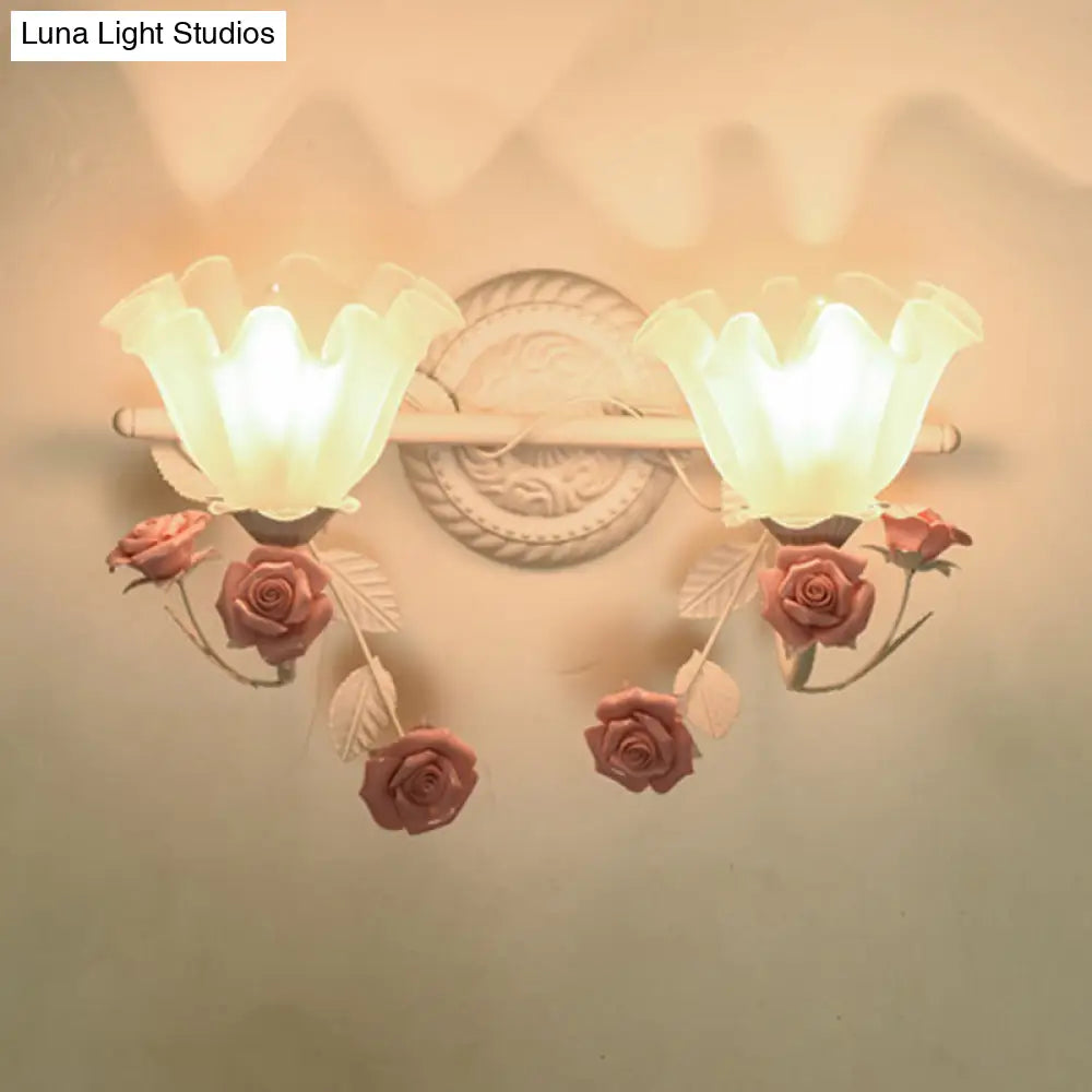 Ruffle Bathroom Wall Mount Light - American Flower Frosted Glass 2/3-Head Vanity Sconce Pink/Blue