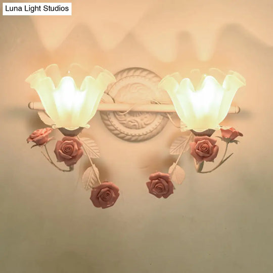 Ruffle Bathroom Wall Mount Light - American Flower Frosted Glass 2/3-Head Vanity Sconce Pink/Blue