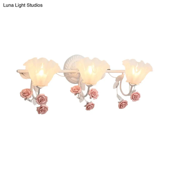 Ruffle Bathroom Wall Mount Light - American Flower Frosted Glass 2/3-Head Vanity Sconce Pink/Blue