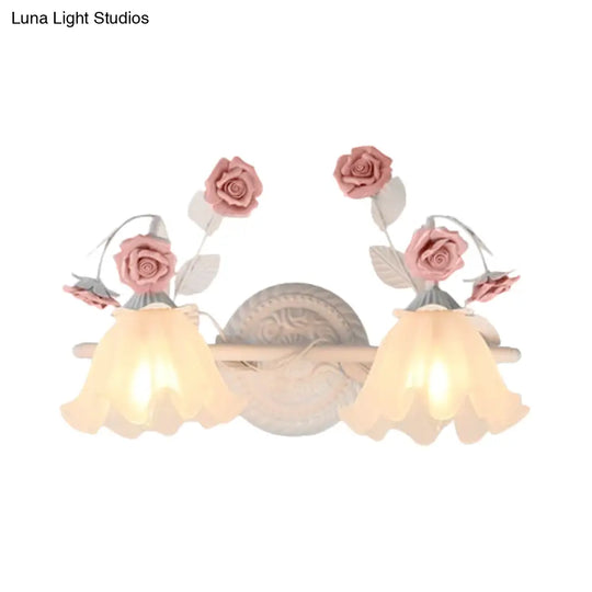 Ruffle Bathroom Wall Mount Light - American Flower Frosted Glass 2/3-Head Vanity Sconce Pink/Blue