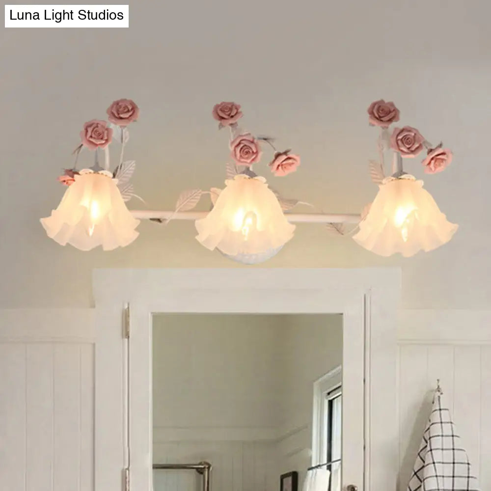 Ruffle Bathroom Wall Mount Light - American Flower Frosted Glass 2/3-Head Vanity Sconce Pink/Blue