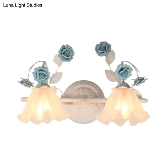Ruffle Bathroom Wall Mount Light - American Flower Frosted Glass 2/3-Head Vanity Sconce Pink/Blue