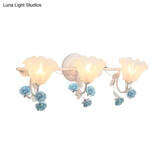 Ruffle Bathroom Wall Mount Light - American Flower Frosted Glass 2/3-Head Vanity Sconce Pink/Blue