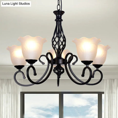 Ruffle Glass Floral Shade Chandelier For Classic Living Room Décor - Pendant Light With Scroll Arm