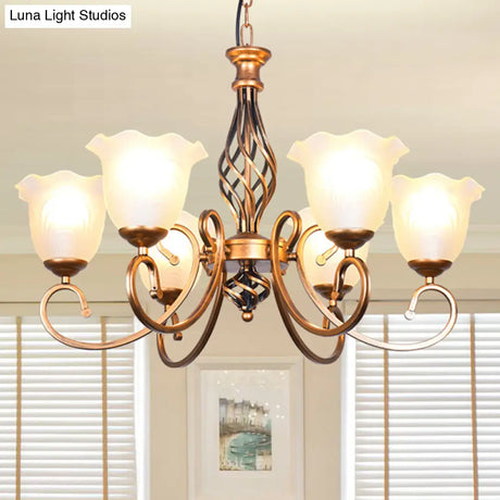 Ruffle Glass Floral Shade Chandelier For Classic Living Room Décor - Pendant Light With Scroll Arm