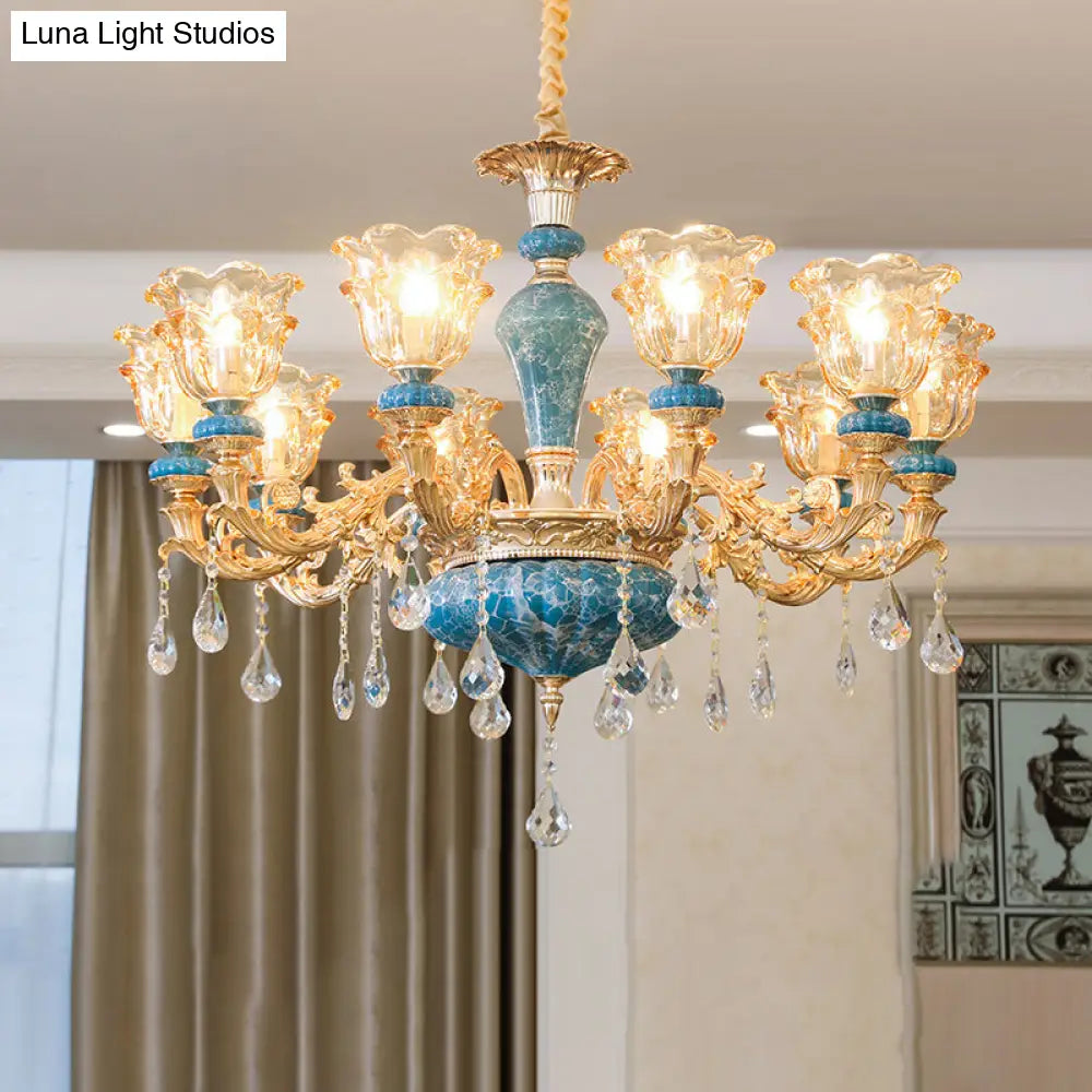 Ruffled Edge Gold Pendant Light With Crystal Draping - Retro Handblown Glass Chandelier For Living