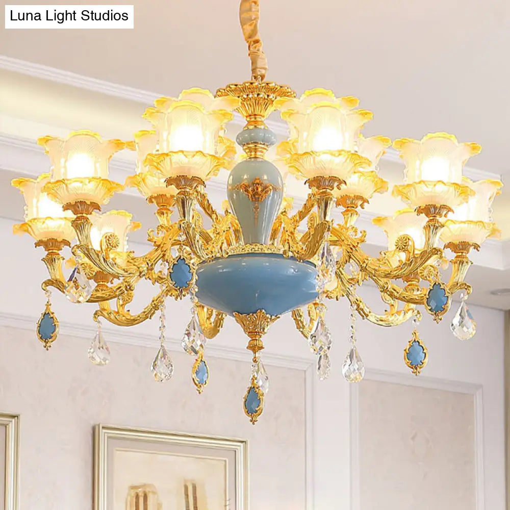 Ruffled Floral Ceiling Glass Chandelier With Crystal Accent - Traditional Lighting Fixture