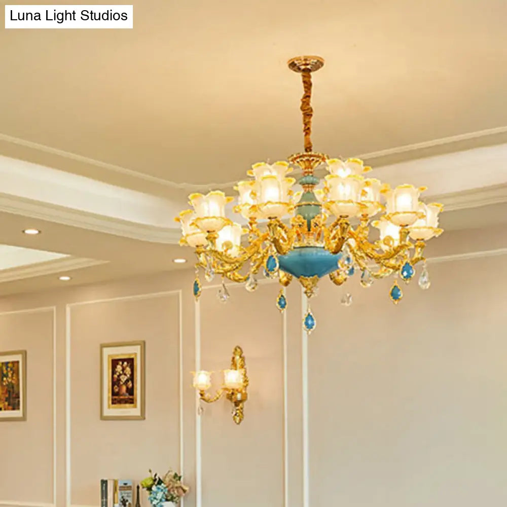 Ruffled Floral Ceiling Glass Chandelier With Crystal Accent - Traditional Lighting Fixture