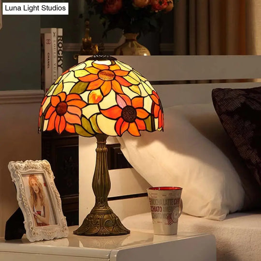 Tiffany Sunflowers Stained Glass Night Lamp With Bronze Finish - Hand-Cut Table Light