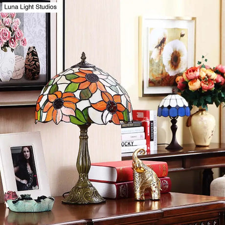 Rukh - Tiffany Sunflowers Night Lamp: Hand-Cut Stained Glass Table Light With