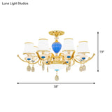 Rural Bell Semi Flush Mount Chandelier - Opal Glass 3/6/8 Head Ceiling Lamp With Crystal Drops