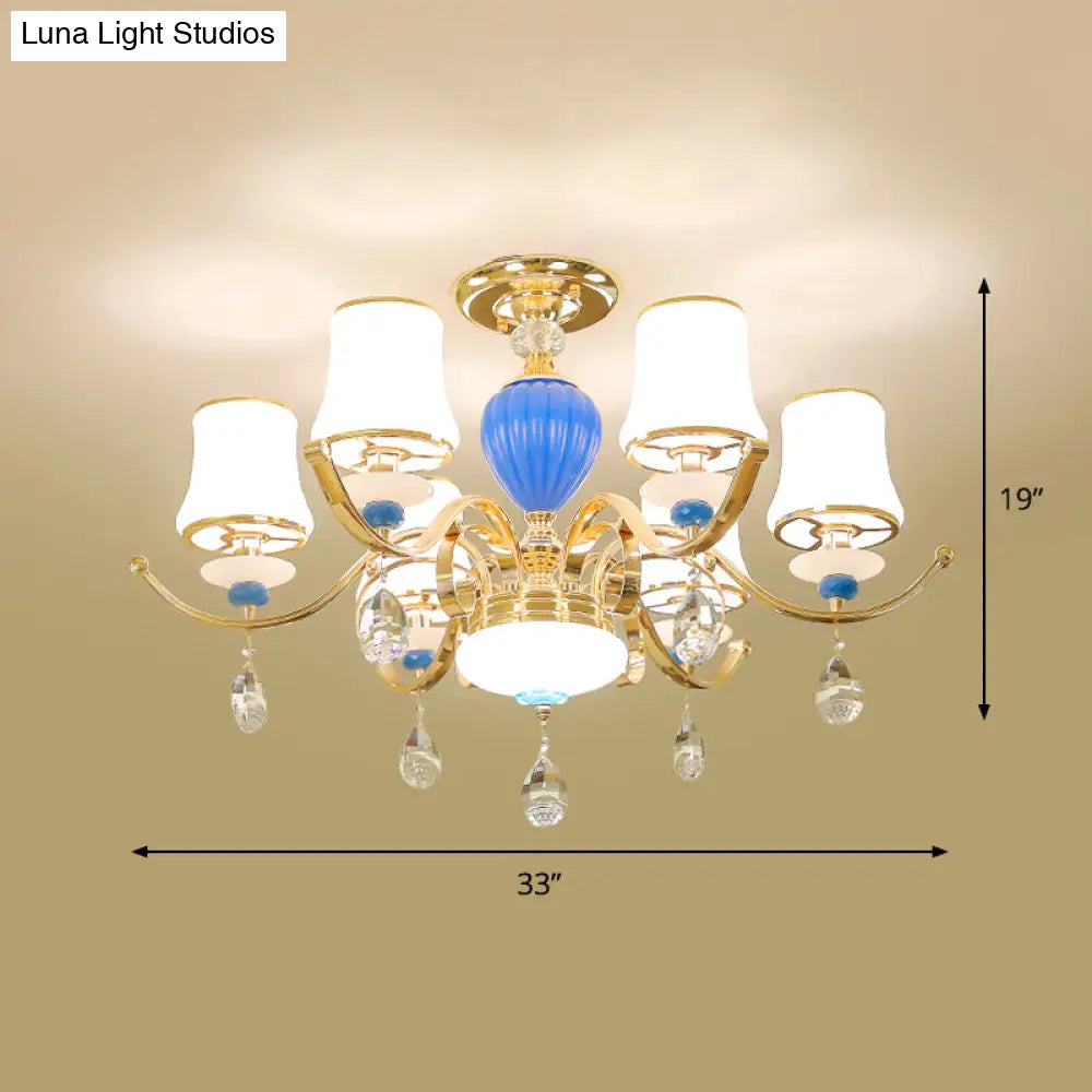 Rural Bell Semi Flush Mount Chandelier - Opal Glass 3/6/8 Head Ceiling Lamp With Crystal Drops