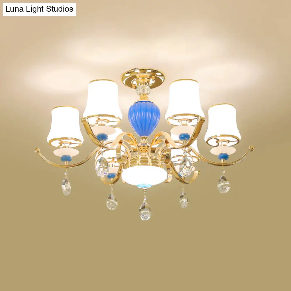 Rural Bell Semi Flush Mount Chandelier - Opal Glass 3/6/8 Head Ceiling Lamp With Crystal Drops