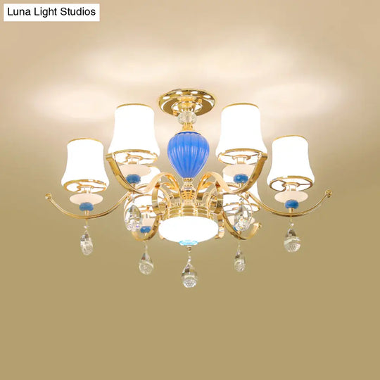 Rural Bell Semi Flush Mount Chandelier - Opal Glass 3/6/8 Head Ceiling Lamp With Crystal Drops