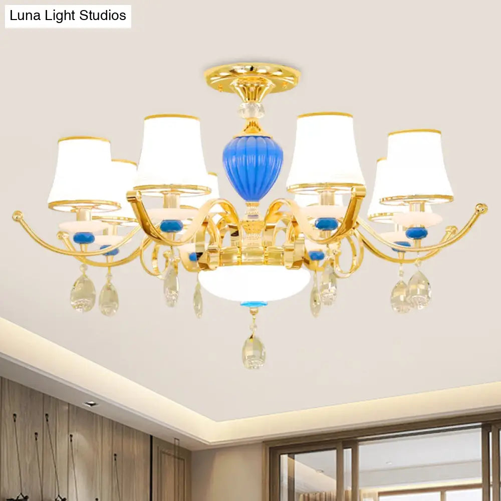 Rural Bell Semi Flush Mount Chandelier - Opal Glass 3/6/8 Head Ceiling Lamp With Crystal Drops