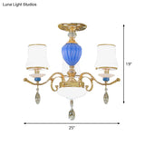 Rural Bell Semi Flush Mount Chandelier - Opal Glass 3/6/8 Head Ceiling Lamp With Crystal Drops