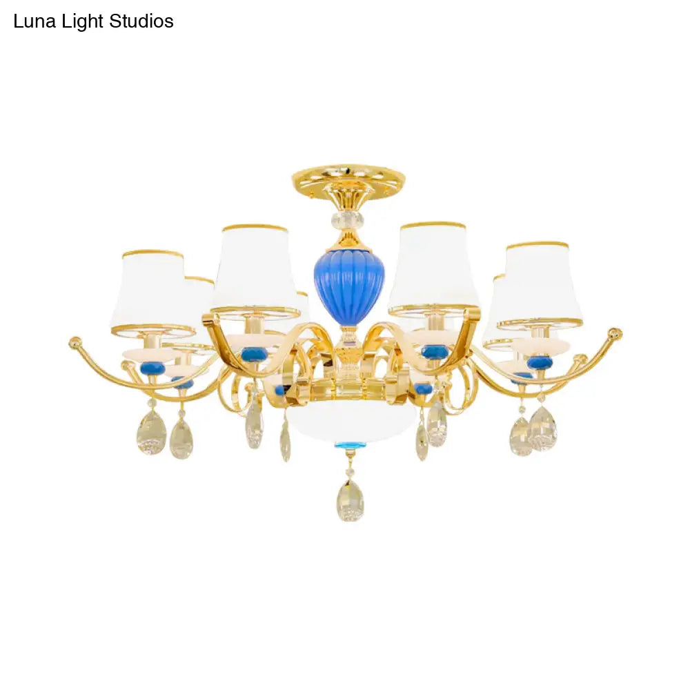 Rural Bell Semi Flush Mount Chandelier - Opal Glass 3/6/8 Head Ceiling Lamp With Crystal Drops