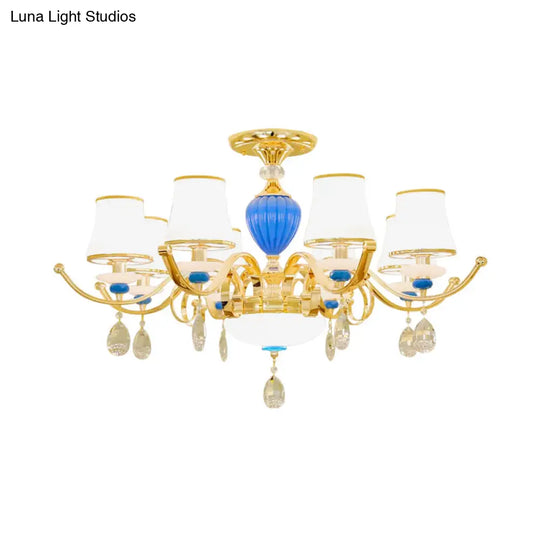 Rural Bell Semi Flush Mount Chandelier - Opal Glass 3/6/8 Head Ceiling Lamp With Crystal Drops