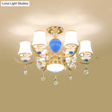Rural Bell Semi Flush Mount Chandelier - Opal Glass 3/6/8 Head Ceiling Lamp With Crystal Drops