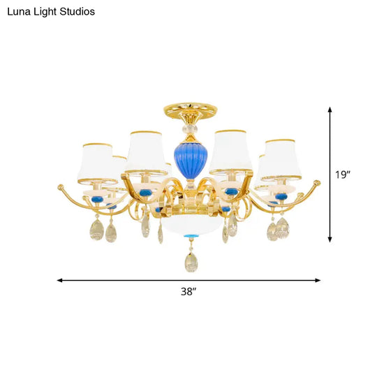 Rural Bell Semi Flush Mount Chandelier - Opal Glass 3/6/8 Head Ceiling Lamp With Crystal Drops