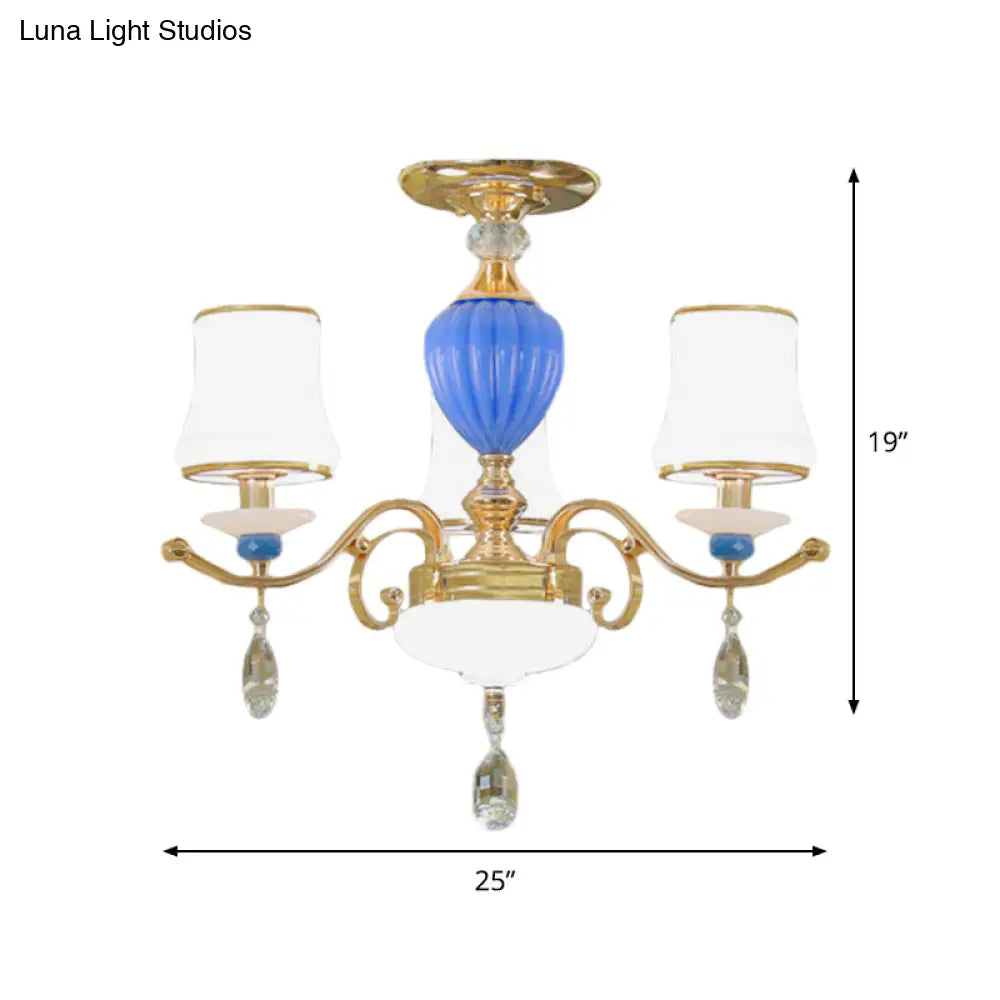 Rural Bell Semi Flush Mount Chandelier - Opal Glass 3/6/8 Head Ceiling Lamp With Crystal Drops