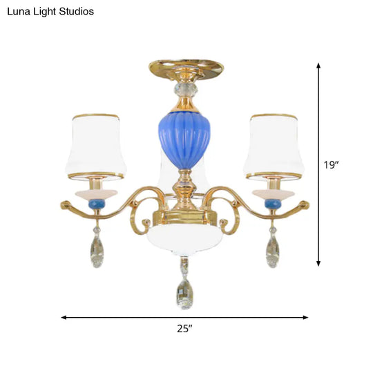 Rural Bell Semi Flush Mount Chandelier - Opal Glass 3/6/8 Head Ceiling Lamp With Crystal Drops