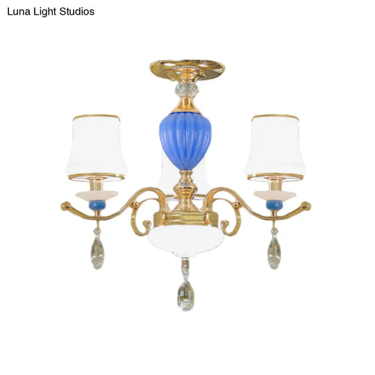 Rural Bell Semi Flush Mount Chandelier - Opal Glass 3/6/8 Head Ceiling Lamp With Crystal Drops