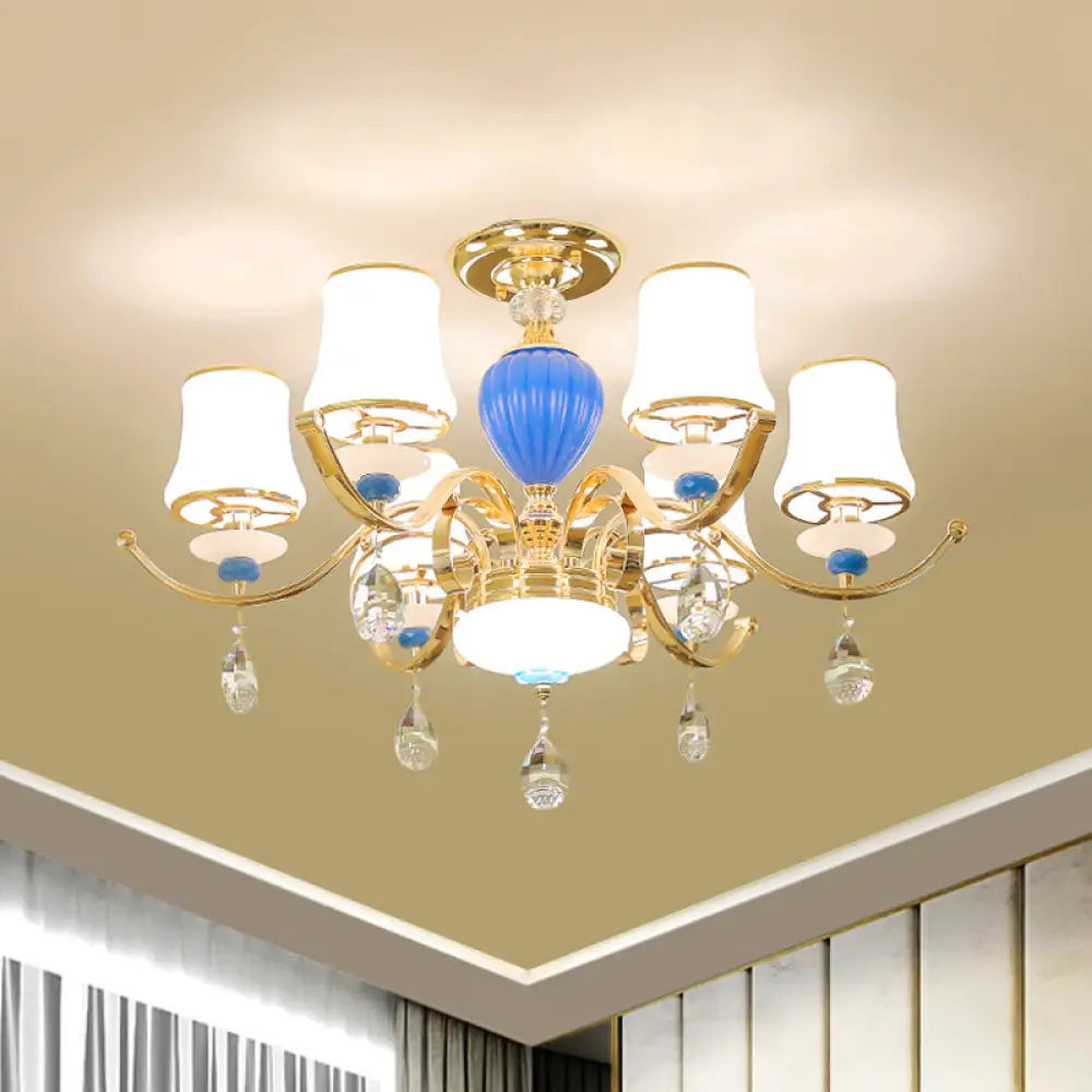 Rural Bell Semi Flush Mount Chandelier - Opal Glass 3/6/8 Head Ceiling Lamp With Crystal Drops 6 /