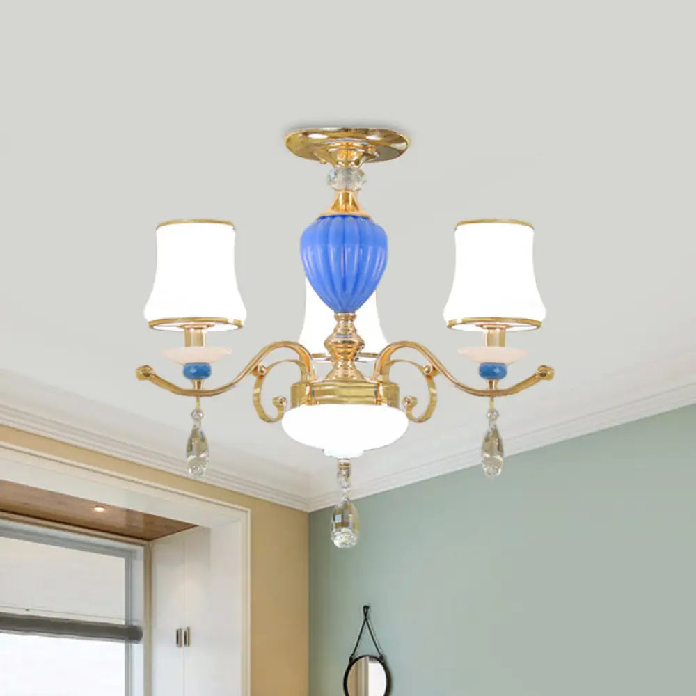 Rural Bell Semi Flush Mount Chandelier - Opal Glass 3/6/8 Head Ceiling Lamp With Crystal Drops 3 /