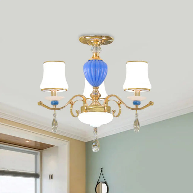 Rural Bell Semi Flush Mount Chandelier - Opal Glass 3/6/8 Head Ceiling Lamp With Crystal Drops 3 /