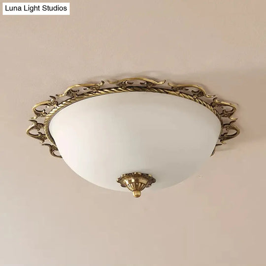 Rural Brass Flush Mount Ceiling Lamp With Frosted White Glass - 3/5 Bulbs Half-Globe Design