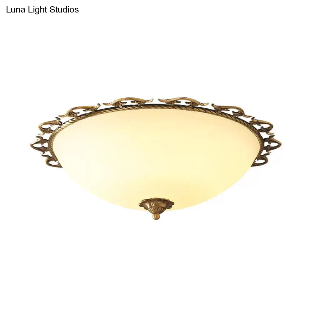 Rural Brass Flush Mount Ceiling Lamp With Frosted White Glass - 3/5 Bulbs Half-Globe Design
