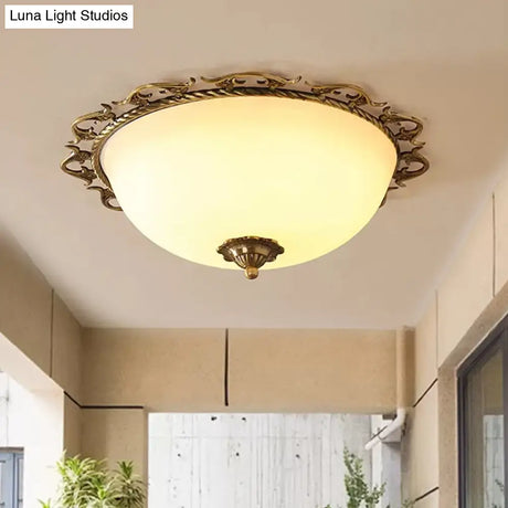 Rural Brass Flush Mount Ceiling Lamp With Frosted White Glass - 3/5 Bulbs Half - Globe Design