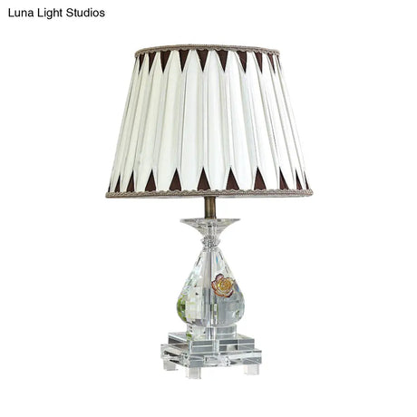 Rural Fabric Table Lamp With Crystal Base - Single Bulb Night Light In White Perfect For Bedroom