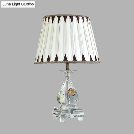Rural Fabric Table Lamp With Crystal Base - Single Bulb Night Light In White Perfect For Bedroom