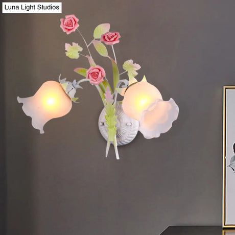 Rural Floral Sconce With 2 Opal Glass Lights And Bloom Deco In Green/White/Pink