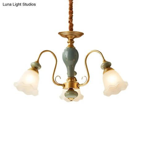 Rural Frosted Glass Green Flower Pendant Light With 3/5/6 Bulbs - Chandelier For Guest Rooms