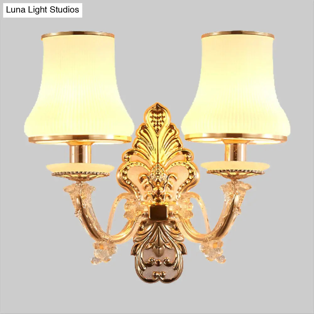 Rural Gold Glass Wall Sconce Light With Crystal Ball Droplet - 2 Heads Tapered Design