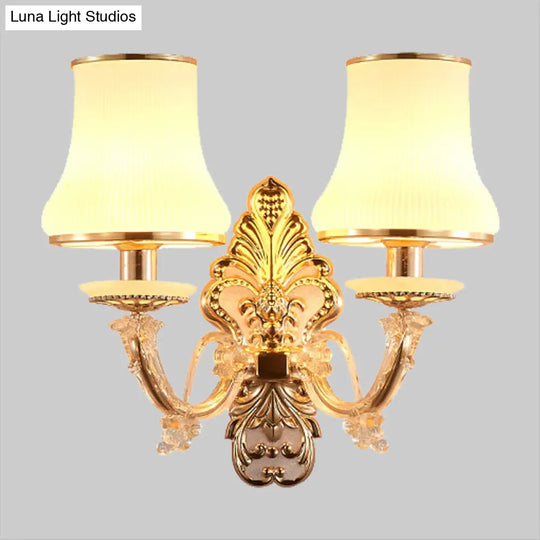Rural Gold Glass Wall Sconce Light With Crystal Ball Droplet - 2 Heads Tapered Design