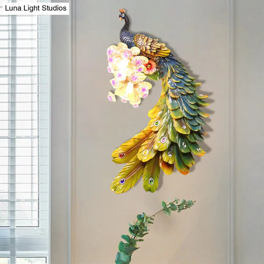 Rural Resin Peacock Wall Mounted Lamp: 2-Light White/Green/Gold Lighting With Floral Crystal Ball