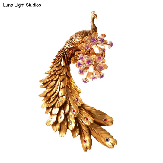 Rural Resin Peacock Wall Mounted Lamp: 2-Light White/Green/Gold Lighting With Floral Crystal Ball