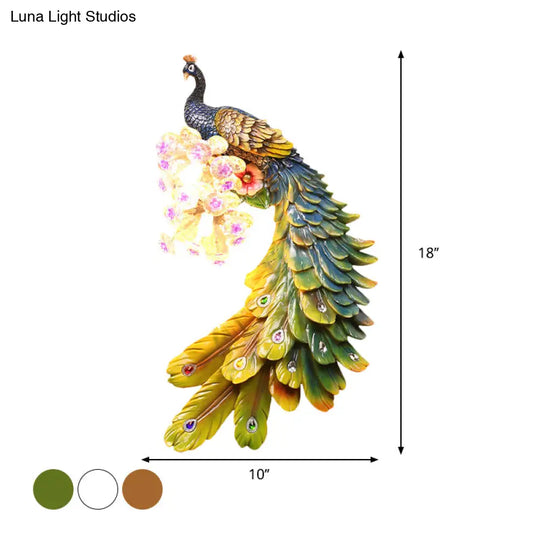 Rural Resin Peacock Wall Mounted Lamp: 2-Light White/Green/Gold Lighting With Floral Crystal Ball