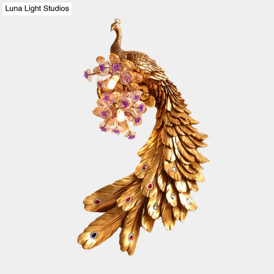 Rural Resin Peacock Wall Mounted Lamp: 2-Light White/Green/Gold Lighting With Floral Crystal Ball