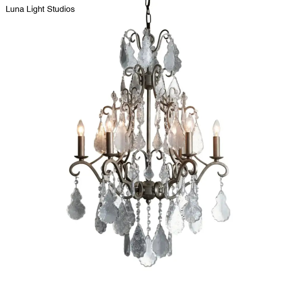 Rural Rust Metal Candlestick Chandelier With Swirl Arm Design & Dangling K9 Crystal Accents - 6